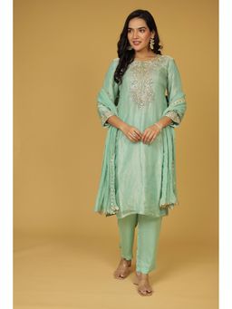 Zari Jaipur - Green Tissue Embroidered Kurta with Pant and Dupatta