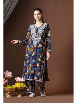 SYRISH - Navy Blue Rayon Embroidered Kurta with Pants