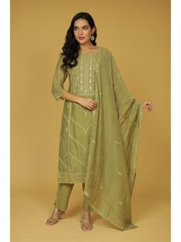 Zari Jaipur - Green Mul Embroidered Kurta with Pant and Dupatta