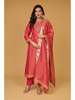 Zari Jaipur - Red Mul Embroidered Kurta with Pant and Dupatta