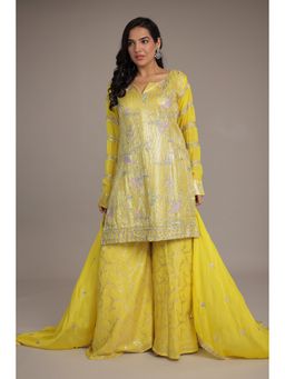 Zari Jaipur - Yellow Silk Blend Embroidered Kurta with Palazzo and Dupatta