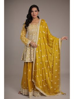 Zari Jaipur - Gold Silk Blend Embroidered Kurta with Palazzo and Dupatta
