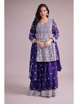 Zari Jaipur - Purple Silk Blend Embroidered Kurta with Palazzo and Dupatta