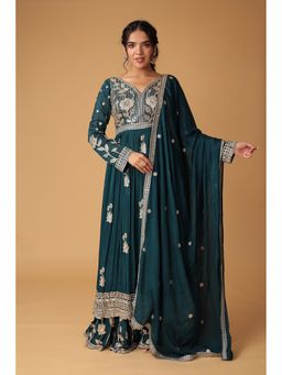 Zari Jaipur - Blue Silk Blend Embroidered Kurta with Palazzo and Dupatta
