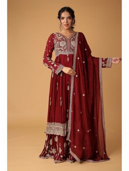 Zari Jaipur - Maroon Silk Blend Embroidered Kurta with Palazzo and Dupatta