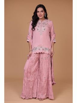 Zari Jaipur - Pink Silk Embroidered Kurta with Palazzo and Dupatta