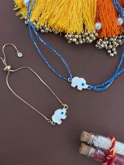 Digital Dress Room - Gold Plated White Elephant Enamel Evil Eye Bracelet & Rakhi Thread (Pack of 2)