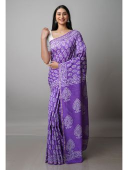 Unnati Silks - Purple Pure Block Printed Chanderi Sico Saree with Unstitched Blouse