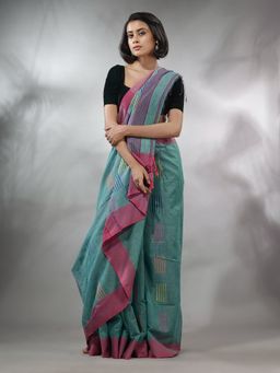 CHARUKRITI - Sea Green Tissue Handwoven Saree with Woven Designs & Unstitched Blouse