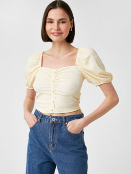 Koton - Beige Button Detailed Top With Square Neckline (L)