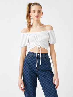 Koton - V-neck White Crop T-shirt