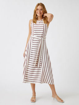 Koton - Mini Burgundy Stripes Dress With Belt