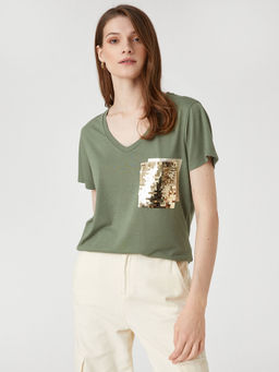 Koton - Women Khaki Embellished Sequined Comfortable T-shirt