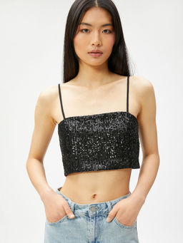 Koton - Women Black Embellished Sequined Normal Top