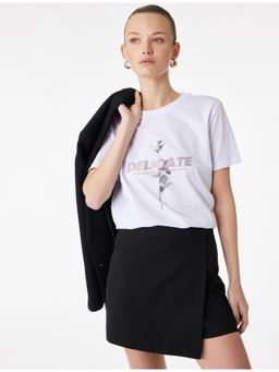Koton - Womens White Printed Cotton T-Shirt