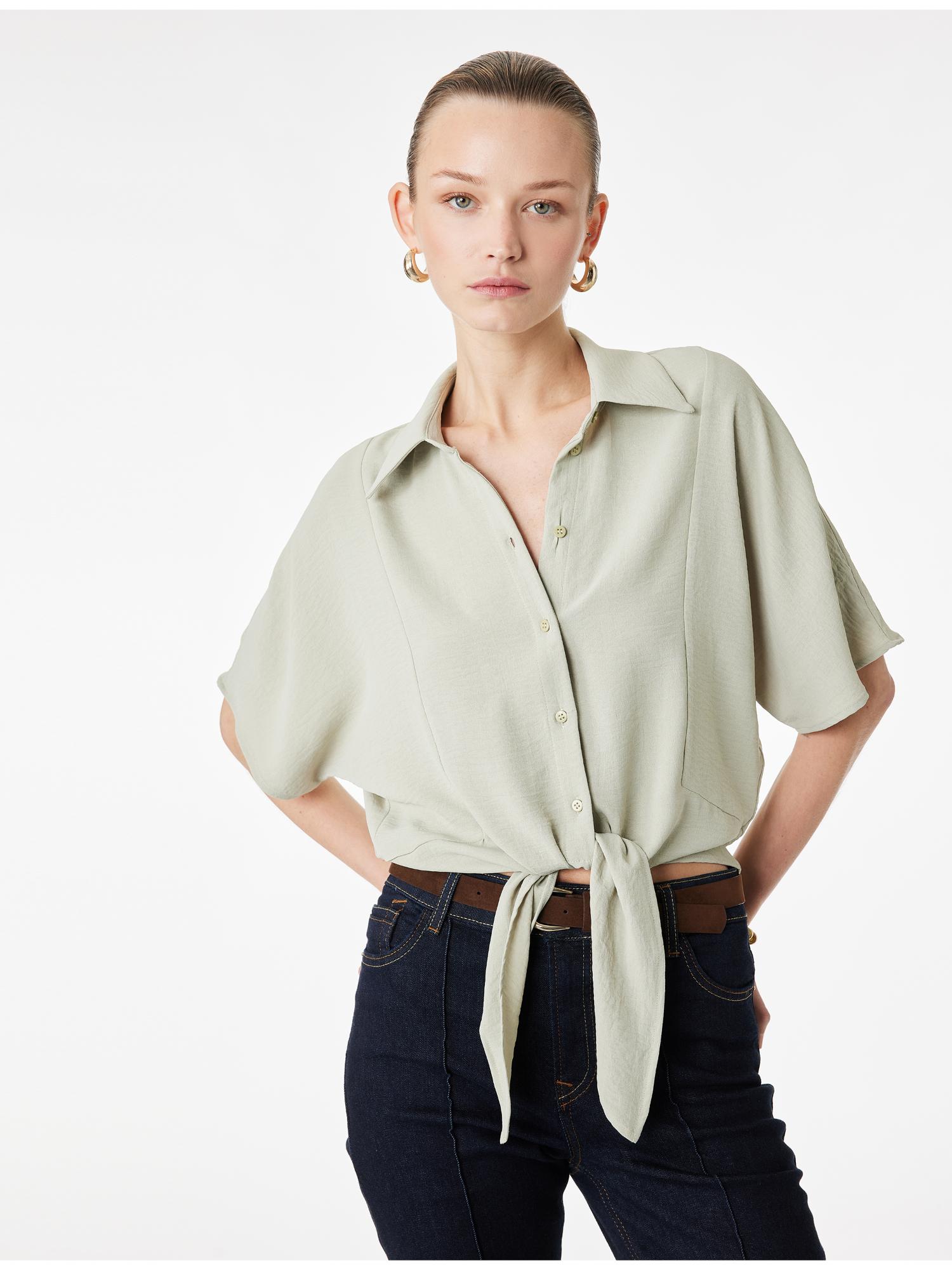 koton Womens Green Tie Detail Crop Shirt-picture-0
