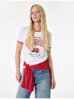 Koton - Womens White Printed Cotton T-Shirt