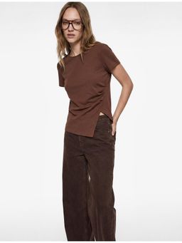 Koton - Womens Brown Slit Detail T-Shirt