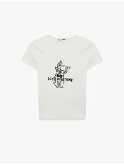 Koton - Womens White Dog Printed T-Shirt