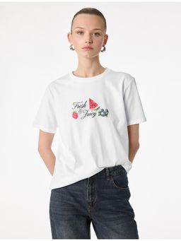 Koton - Womens White Strawberry Printed T-Shirt