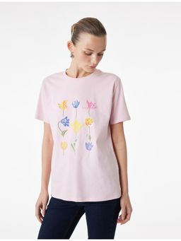 Koton - Womens Pink Tulip Printed T-Shirt