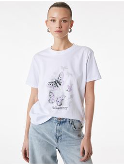 Koton - Womens White Butterfly Printed T Shirt