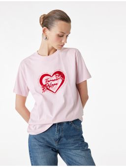 Koton - Womens Pink Heart Print T-Shirt