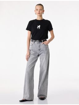 Koton - Womens Black Dog Embroidered Detail T-Shirt