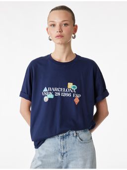 Koton - Womens Navy Blue Printed Oversized T-Shirt