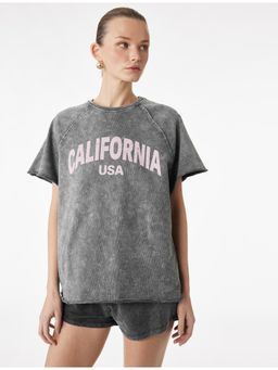 Koton - Womens Grey Printed Oversized T-Shirt