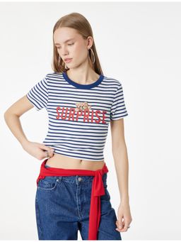 Koton - Womens Navy Blue Stripes Printed T-Shirt