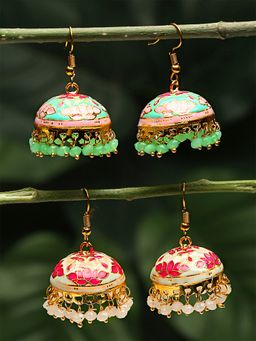 Yellow Chimes - Set of 2 pair Gold-Plated Meenakari Jhumka Earrings
