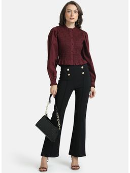 Kazo - Maroon Smocked Top With Puff Sleeves And Ruffle Detail