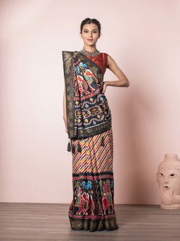 EXCLUSIVA - Multicolor Zari Border Blended Silk Patola Saree with Unstitched Blouse