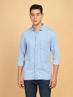 Wrangler - Men Solid Blue Denim Regular Fit Shirt