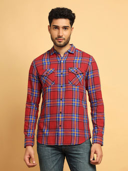 Wrangler - Men Checked Red Regular Fit Shirt