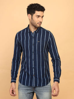 Wrangler - Men Striped Blue Denim Regular Fit Shirt