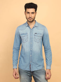 Wrangler - Men Solid Blue Denim Regular Fit Shirt