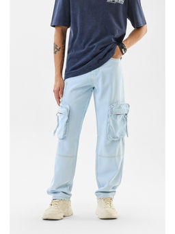 Snitch - Light Blue Solid Loose Casual Cargo Jeans