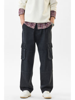Snitch - Black Solid Relaxed Casual Cargo Jeans