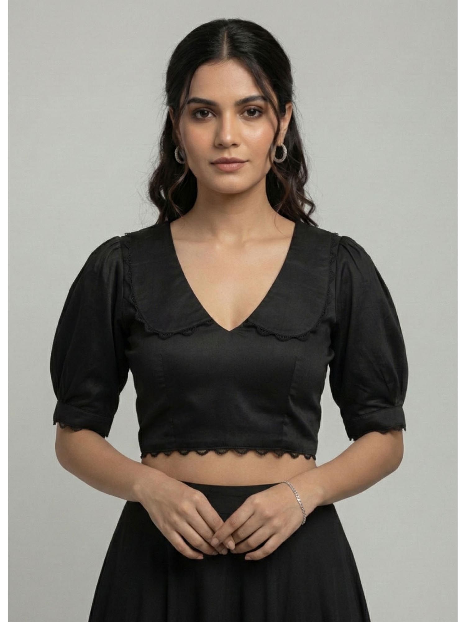 moora Black Satin Puff Sleeves V-Neck Stitched Blouse-picture-41