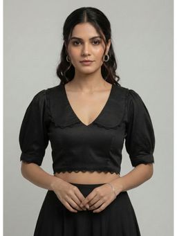 Moora - Black Satin Puff Sleeves V-Neck Stitched Blouse