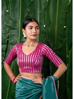 Moora - Pink Chanderi Half Sleeves V-Neck Stitched Blouse