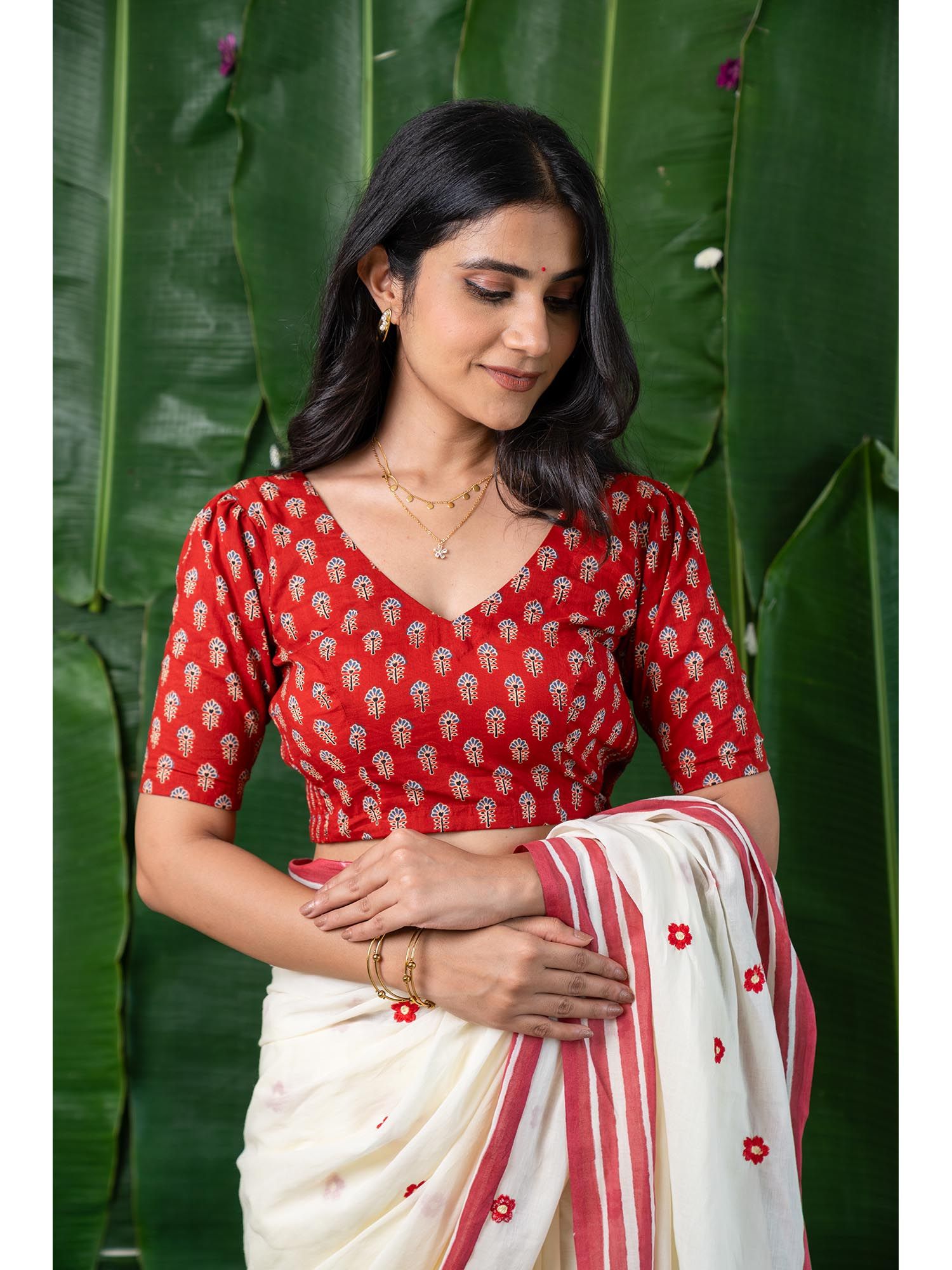 moora Cotton Half Sleeves V-Neck Stitched Blouse-picture-14