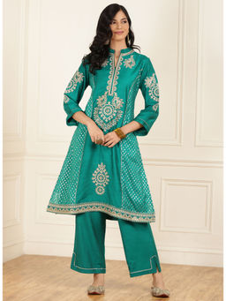 Lakshita - Teal Green Embroidered Chanderi Kurta with Gota Lace Detailing (Set of 2)