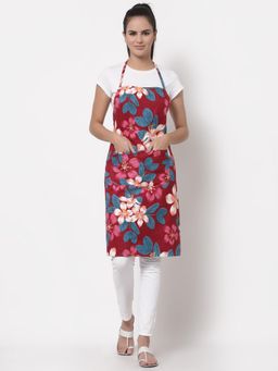 ARRABI - Red Floral TC Cotton Blend Apron with 2 Patch Pockets