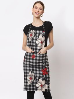 ARRABI - Black Floral TC Cotton Blend Apron with 2 Patch Pockets