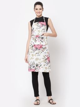 ARRABI - White Floral TC Cotton Blend Apron with 2 Patch Pockets
