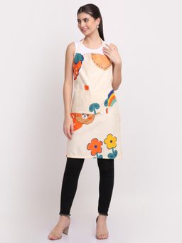 ARRABI - Cream Cartoon TC Cotton Blend Apron with 2 Patch Pockets