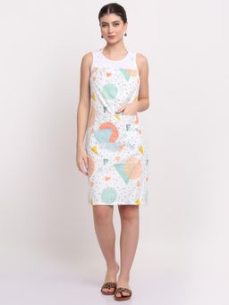 ARRABI - White Geometric TC Cotton Blend Apron with 2 Patch Pockets